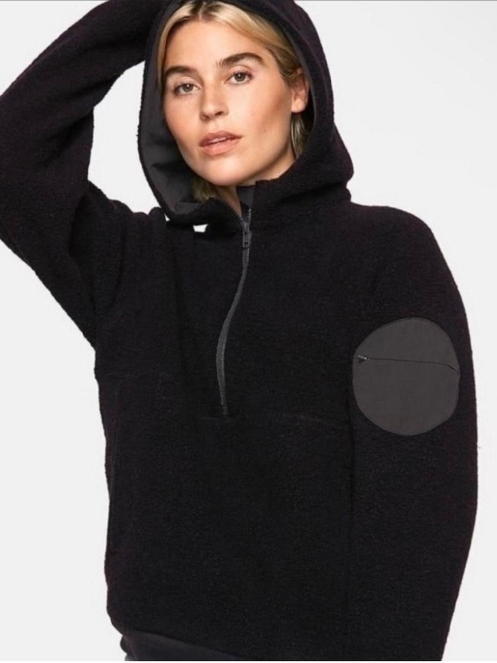 Outdoor Voices Black Hooded Wool Blend Quarter-Zip | Size Small